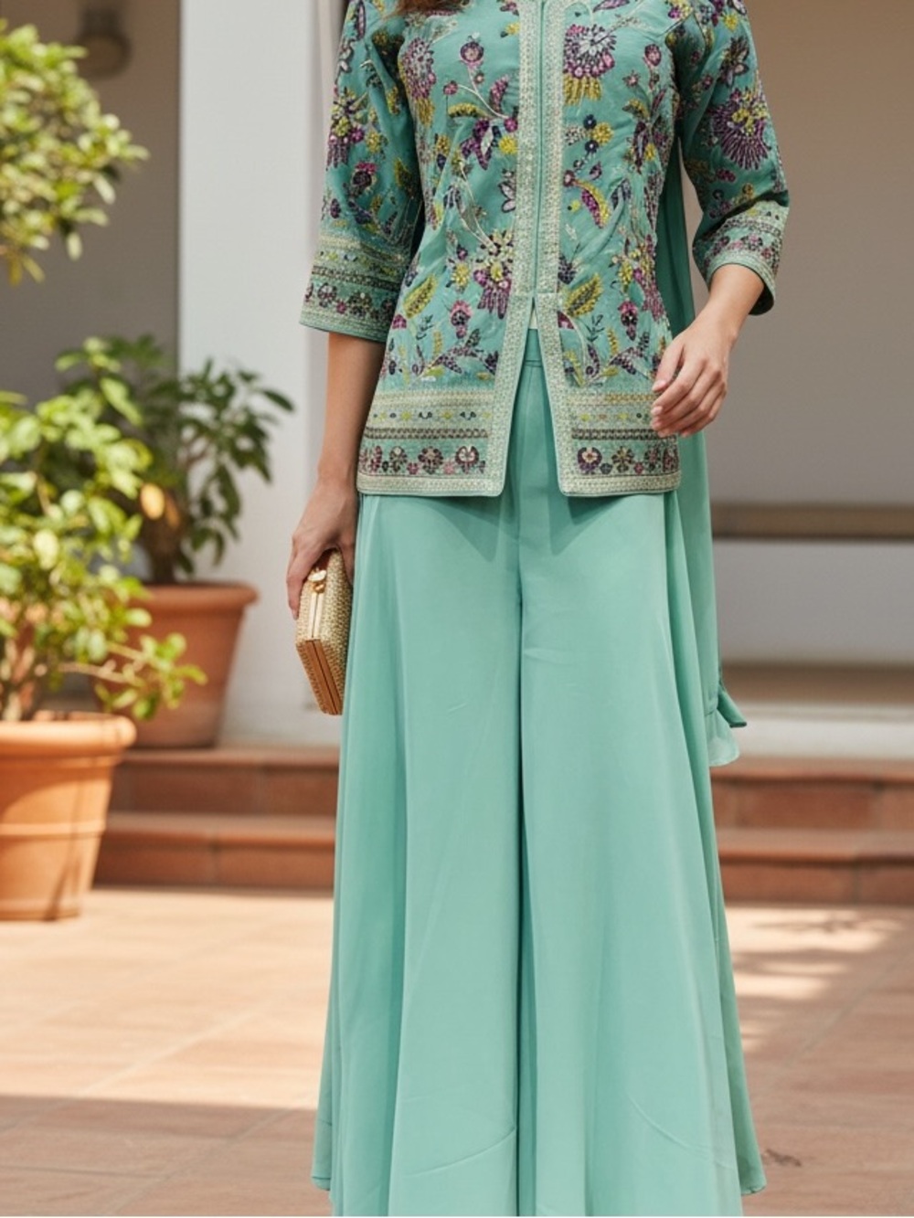 Light real Embroidered palazzo Set with short kurta